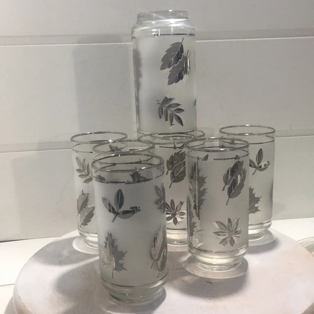 Vintage MCM Libby silver frosted glass set Botanical. 7 glasses